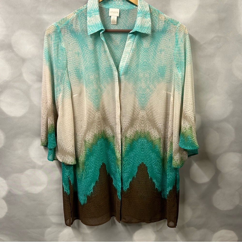 Chico’s button down blouse in size 2 or large in blue, green and brown ombre - Picture 1 of 8